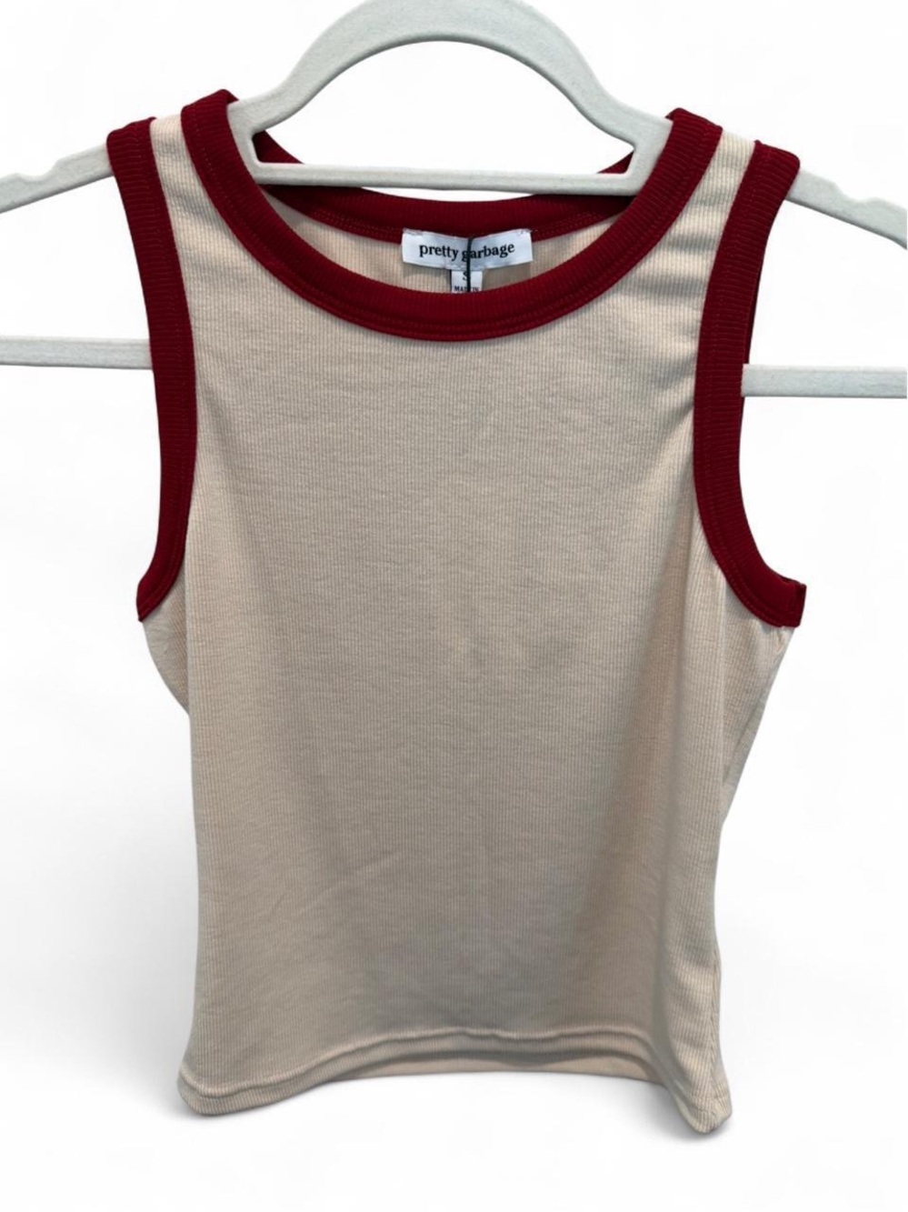 Pretty Garbage Cream Ribbed Tank with Red Trim